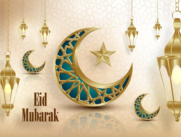 Eid Mubarak o Ramadan Kareem sobre el concepto de diseño islámico con luna creciente sobre fondo de color para tarjeta de felicitación, evento o afiche (traducción: Eid Mubarak)