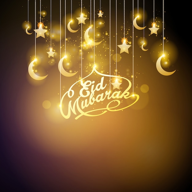 Vector eid mubarak resplandor de oro media luna y estrella
