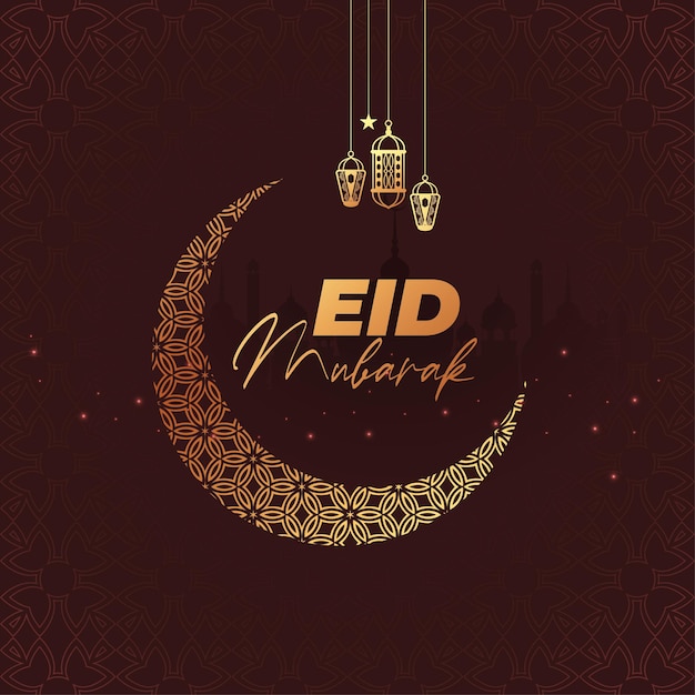Eid mubarak tarjeta de felicitación islámica luna y lámpara diseño dorado