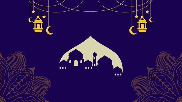 Eid Mubarak telón de fondo islámico con mezquita y luna creciente Ilustración vectorial