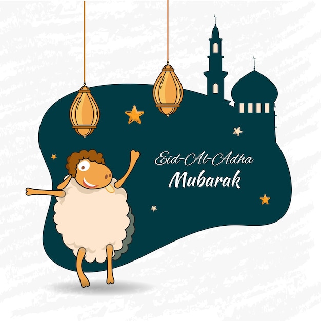 EidAlAdha Mubarak Font con caricaturas de ovejas bailando linternas colgantes y estrellas decoradas en silueta de azul azul oscuro Mezquita y fondo blanco