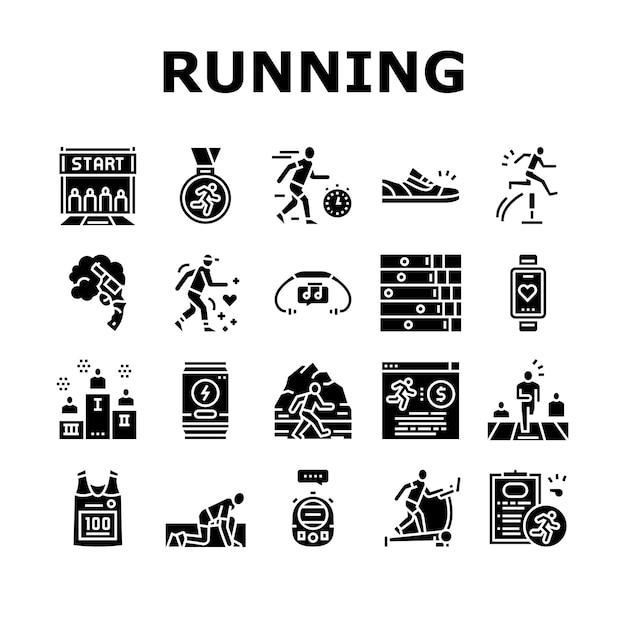 Ejecución de iconos de colección de deporte atlético conjunto de vectores