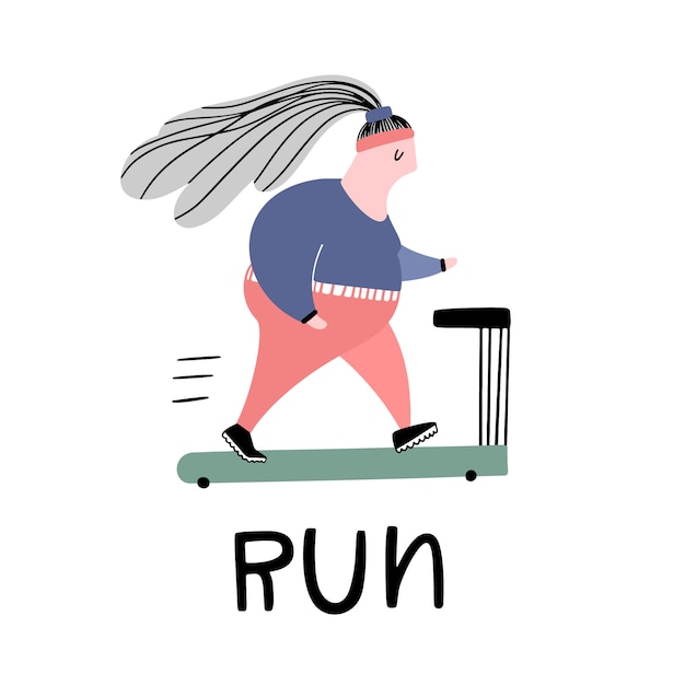 Ejecutando chica fitness en la cinta de correr. ilustración vectorial y texto en estilo doodle