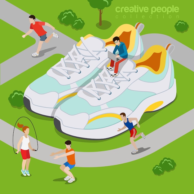 Ejecutando el concepto de vida deportiva al aire libre. Ilustración de sitio web de estilo isométrico de isometría.