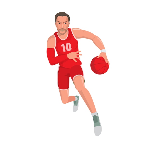 Ejecutando jugador de baloncesto con pelota, personaje de dibujos animados.