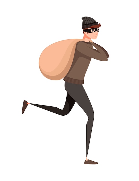 Ejecutando ladrón durante el robo con bolsa ilustración de vector plano de diseño de personaje de dibujos animados