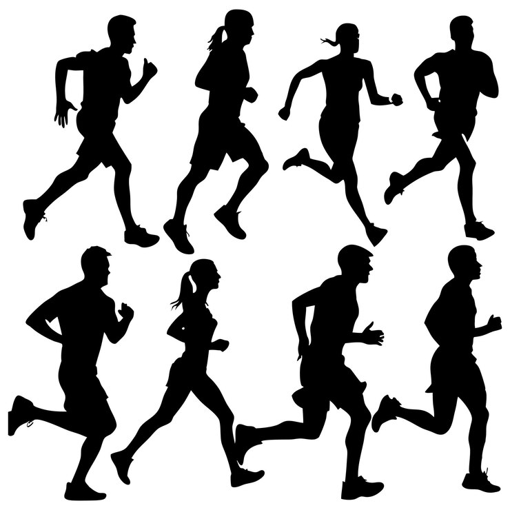 Ejecutar Correr hombres y mujeres vector conjunto de siluetas aisladas