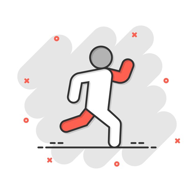 Ejecutar icono de personas en estilo cómico Ilustración de vector de dibujos animados de salto sobre fondo blanco aislado Concepto de negocio de efecto de salpicadura de fitness
