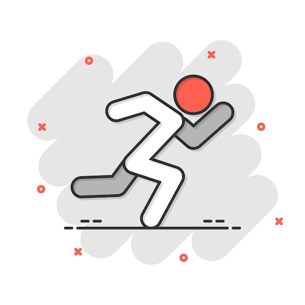 Ejecutar icono de personas en estilo cómico Ilustración de vector de dibujos animados de salto sobre fondo blanco aislado Concepto de negocio de efecto de salpicadura de fitness