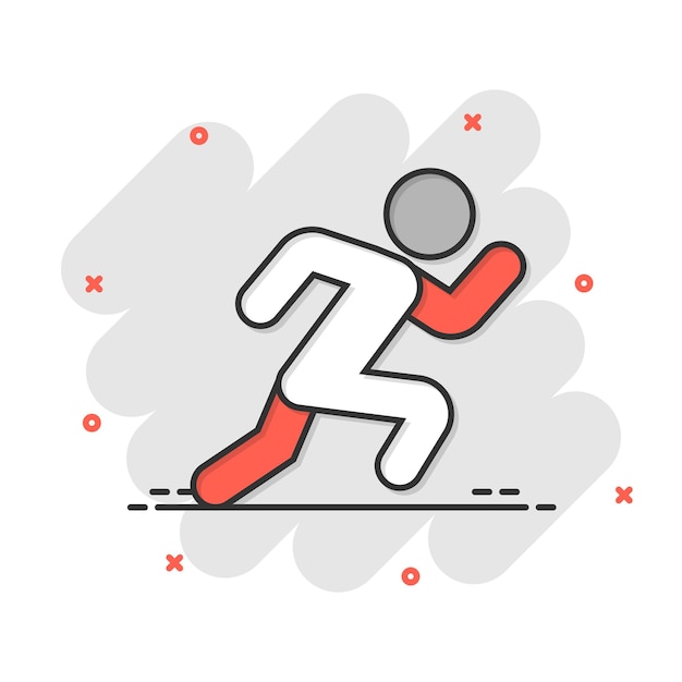 Ejecutar icono de personas en estilo cómico Ilustración de vector de dibujos animados de salto sobre fondo blanco aislado Concepto de negocio de efecto de salpicadura de fitness