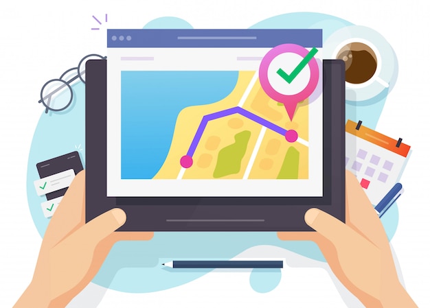 Ejecute la aplicación de ruta del rastreador de distancia en línea en el mapa de la ciudad a través de una tableta digital