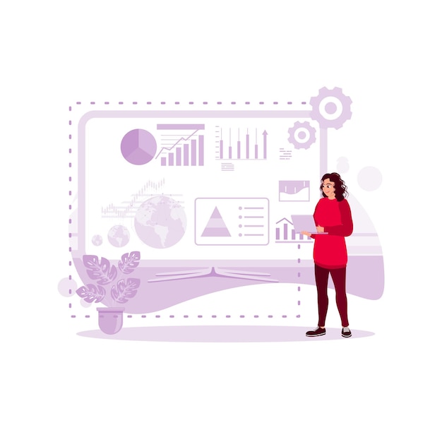 Ejecutiva femenina analizando negocios en la pantalla grande con alta tecnología