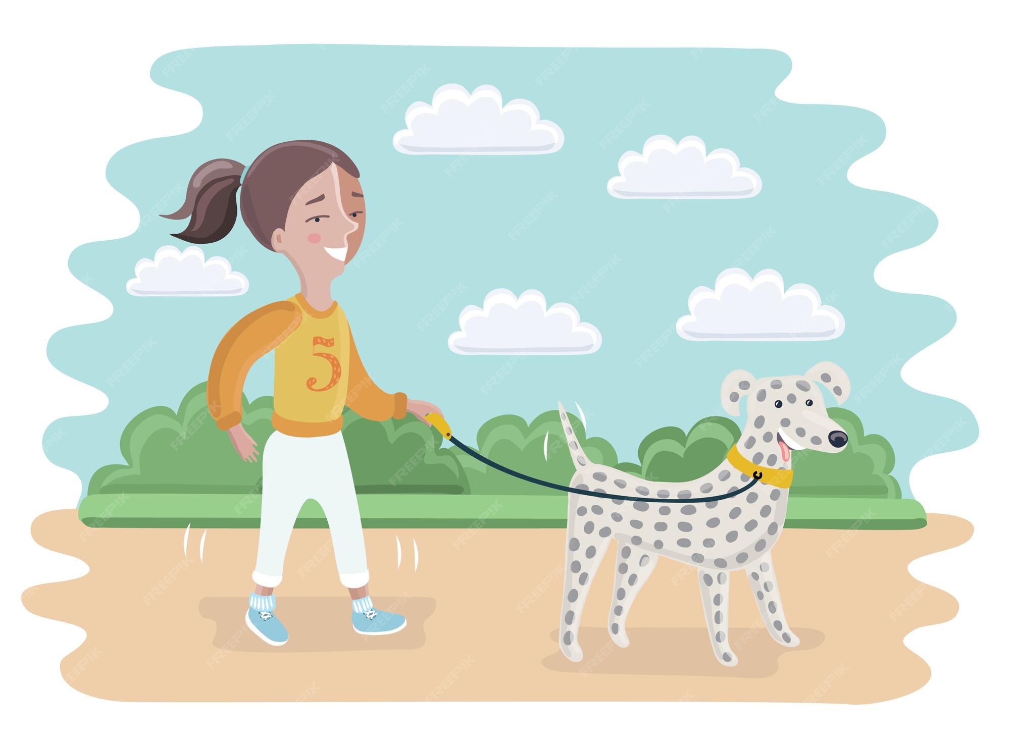 Ejemplares de dibujos animados de niña y perro dálmata caminando | Vector Premium Ejemplares de dibujos animados de niña y perro dálmata caminando | Vector Premium