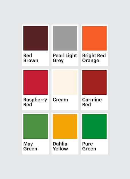 Ejemplo de catálogo de paleta de colores con nombres de colores