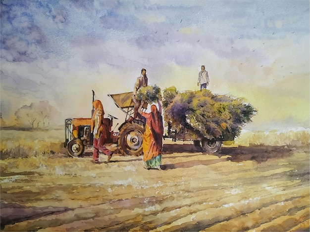 Ejemplo dibujado mano de la pintura del paisaje de la escena del pueblo de la acuarela