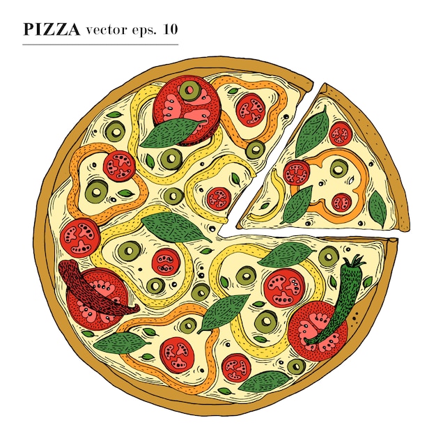 Ejemplo dibujado mano vegetariana italiana del vector de la pizza Puede ser utilizado para pizzería, cafetería, tienda, restaurante.