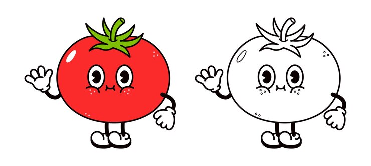 Vector ejemplo divertido lindo de la historieta del esquema del carácter de la mano del tomate que agita para el libro de colorear