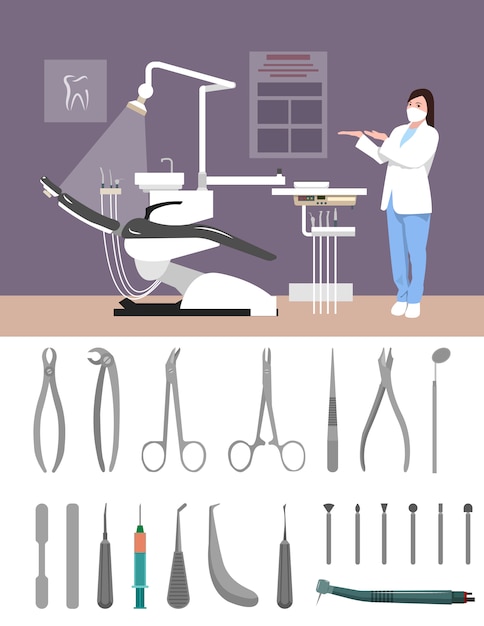 Vector ejemplo interior del vector de la clínica del dentista en estilo plano. herramientas dentales aisladas. enfermera en la habitación del hospital. consultorio, silla dental, médico, instrumentos.