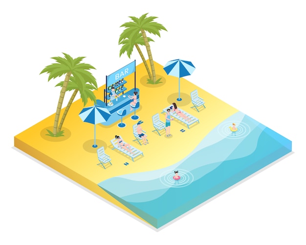 Ejemplo isométrico del vector de la reconstrucción de la playa de la arena. Turistas masculinos y femeninos con niños y bartender personajes de dibujos animados en 3D. Bar con cócteles, vacaciones de temporada, resort tropical, descanso en la orilla del mar.