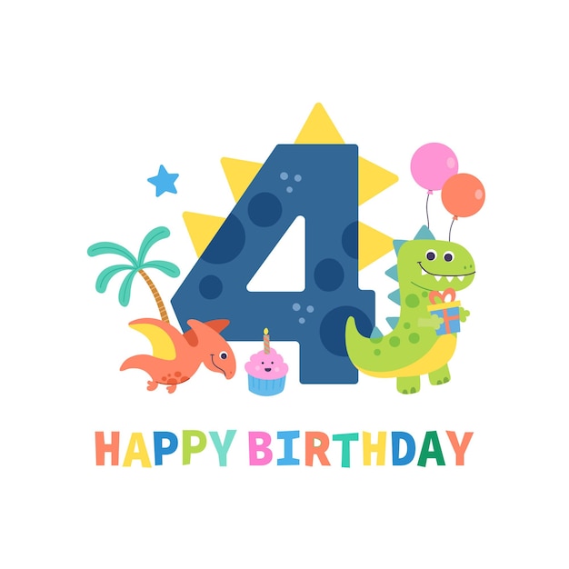 ejemplo lindo del cumpleaños del número cuatro de la historieta del dinosaurio