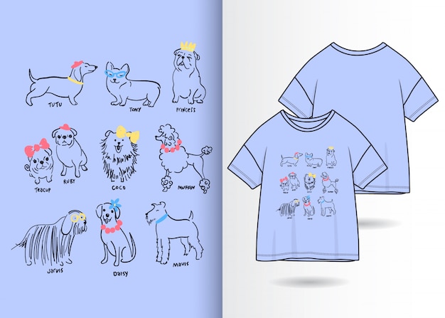Vector ejemplo lindo dibujado mano de los perros con diseño de la camiseta