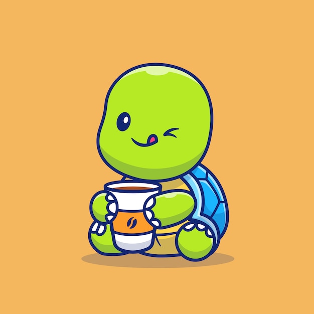 Ejemplo lindo del icono de la historieta del café de la taza de bebida de la tortuga. Concepto de icono de café animal aislado. Estilo de dibujos animados plana