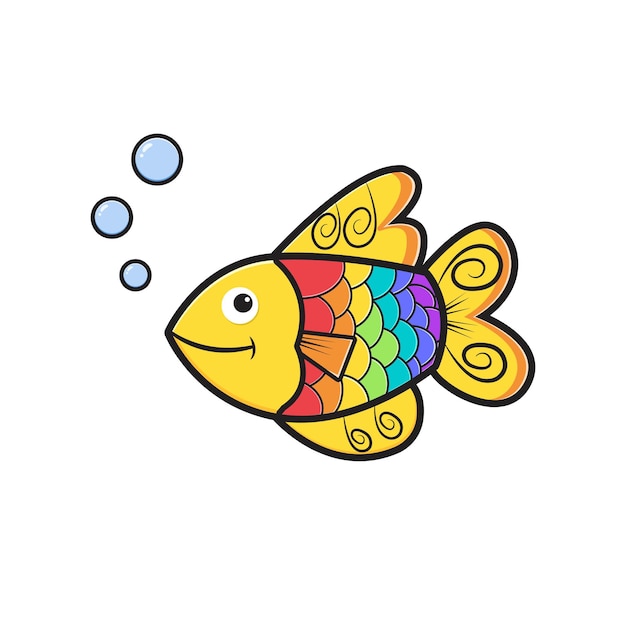 Ejemplo lindo del icono de la historieta del carácter de los pescados coloridos. Diseño de estilo de dibujos animados plano aislado