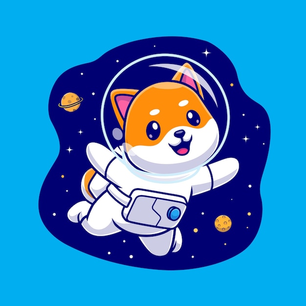 Ejemplo lindo del icono del vector de la historieta del astronauta de Shiba Inu. Concepto de icono de ciencia animal aislado Vector Premium. Estilo de dibujos animados plana