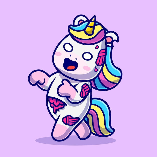Ejemplo lindo del icono del vector de la historieta del zombi del unicornio. Concepto de icono de naturaleza animal aislado Vector Premium. Estilo de dibujos animados plana