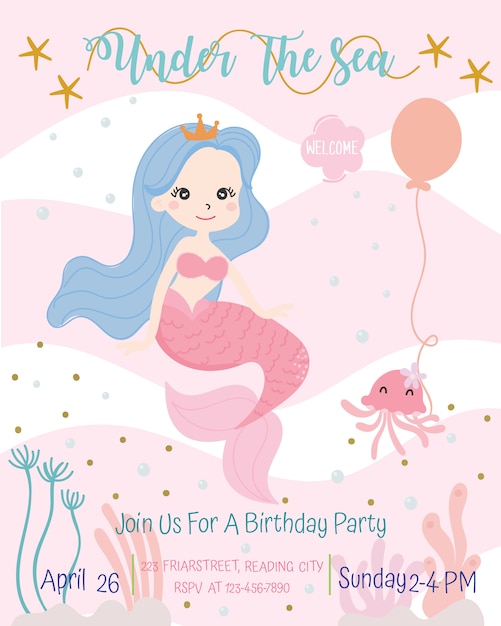 Ejemplo lindo del vector de la tarjeta de la invitación de la fiesta de cumpleaños del tema de la sirena.