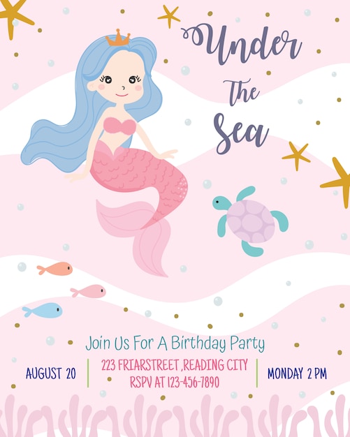 Vector ejemplo lindo del vector de la tarjeta de la invitación de la fiesta de cumpleaños del tema de la sirena.