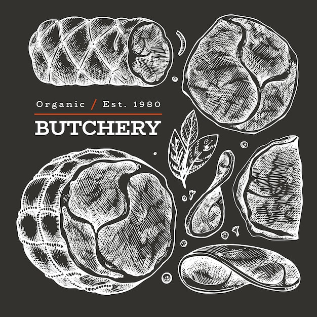 Ejemplo retro de la carne del vector en el tablero de tiza. Dibujado a mano jamón, lonchas de jamón, especias y hierbas. Ingredientes alimentarios crudos. Bosquejo vintage