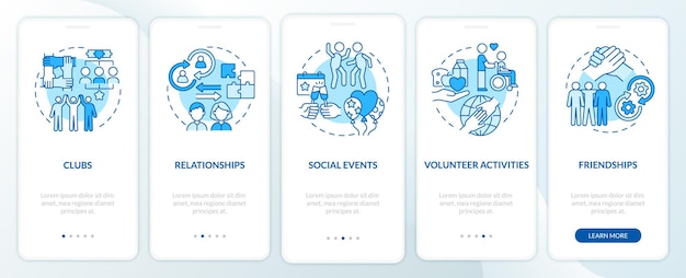 Ejemplos de participación en la pantalla azul de la página de la aplicación móvil incorporada. Tutorial de participación social Instrucciones gráficas de 4 pasos con conceptos. UI, UX, plantilla de vector de GUI con ilustraciones en colores lineales