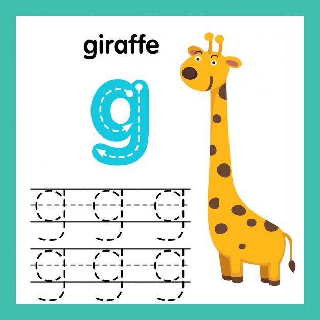 Ejercicio de alfabeto G con ilustración de vocabulario de dibujos animados