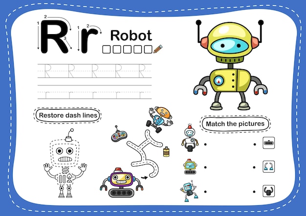 Ejercicio de alfabeto letra R-robot con vocabulario de dibujos animados