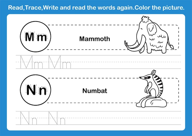 Ejercicio del alfabeto mn con vocabulario de dibujos animados para la ilustración de libros para colorear