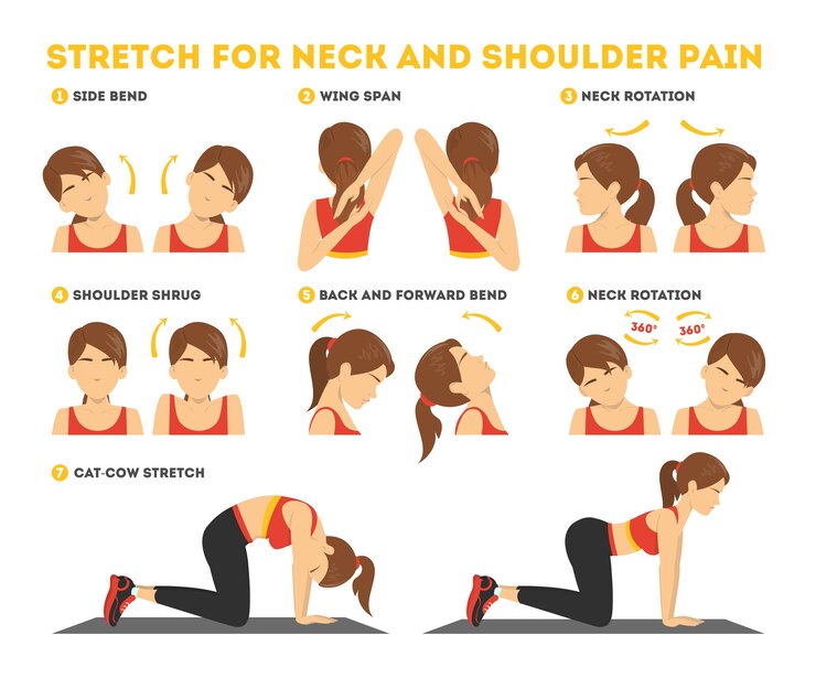 Vector ejercicio de cuello y hombros. estírate para aliviar el dolor de cuello