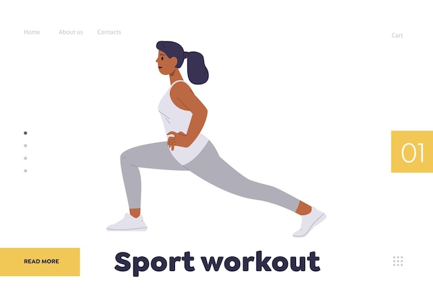 Vector ejercicio deportivo que promueve plantilla de diseño de página de aterrizaje con mujer sana haciendo fitness estiramiento ejercicio de yoga mejorando la flexibilidad al aire libre o en casa sitio web que ofrece entrenamiento activo en línea