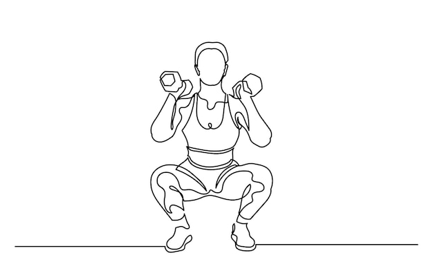 Ejercicio de ejercicios de fitness para mujeres Dibujo de líneas continuas de una niña Ejercio de sentadilla para mujeres