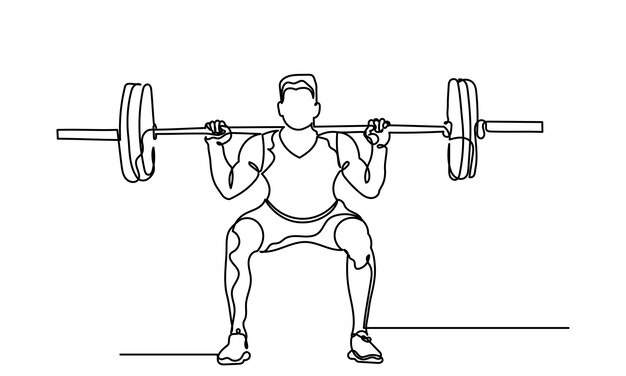 Ejercicio de entrenamiento físico de hombre Dibujo de línea continua de un hombre levantando una barra de peso pesado
