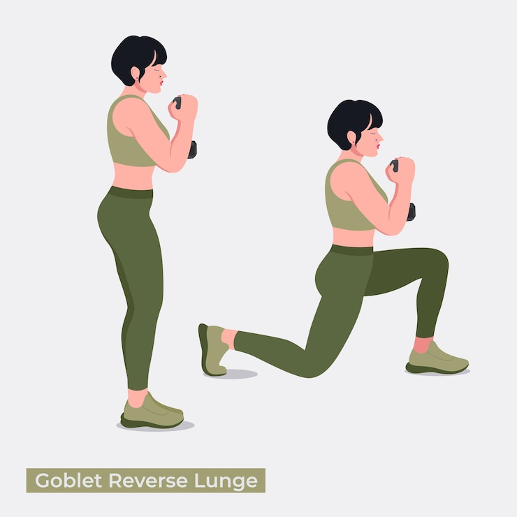 Vector ejercicio de estocada inversa de cáliz mujer entrenamiento fitness aeróbico y ejercicios