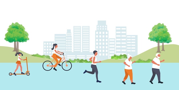 Ejercicio familiar en el parque ilustración vectorial Estilo de vida saludable