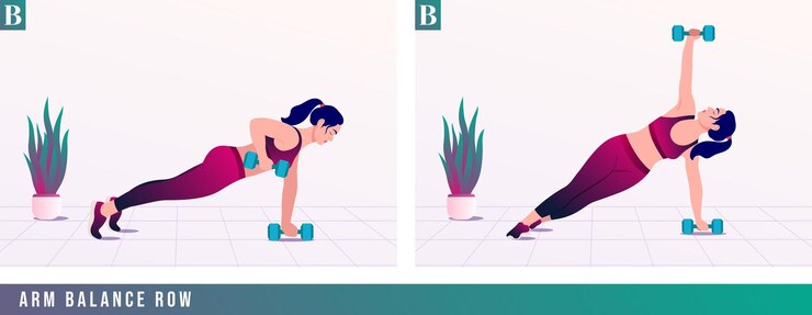 Vector ejercicio de fila de equilibrio de brazo mujer entrenamiento fitness aeróbico y ejercicios