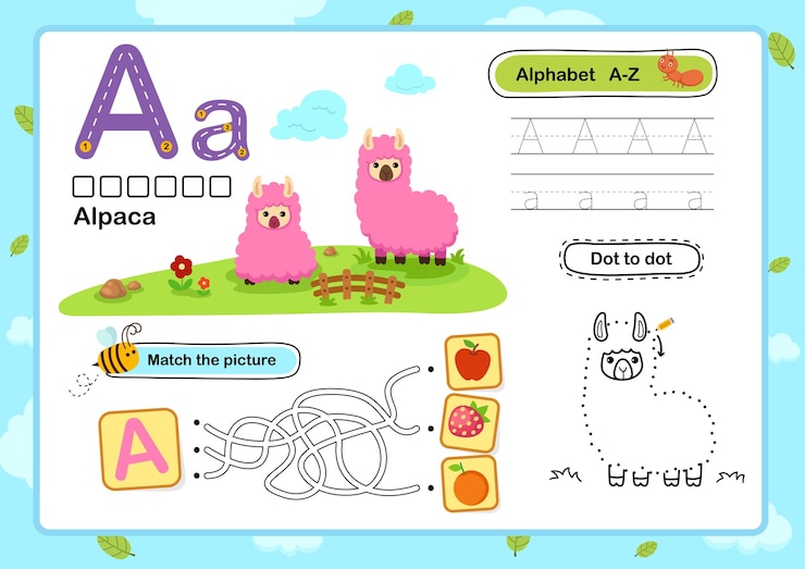 Vector ejercicio de la letra aalpaca con el vector de ilustración del vocabulario de dibujos animados