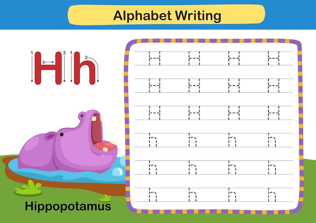 Ejercicio de letra del alfabeto H hipopótamo con ilustración de vocabulario de dibujos animados
