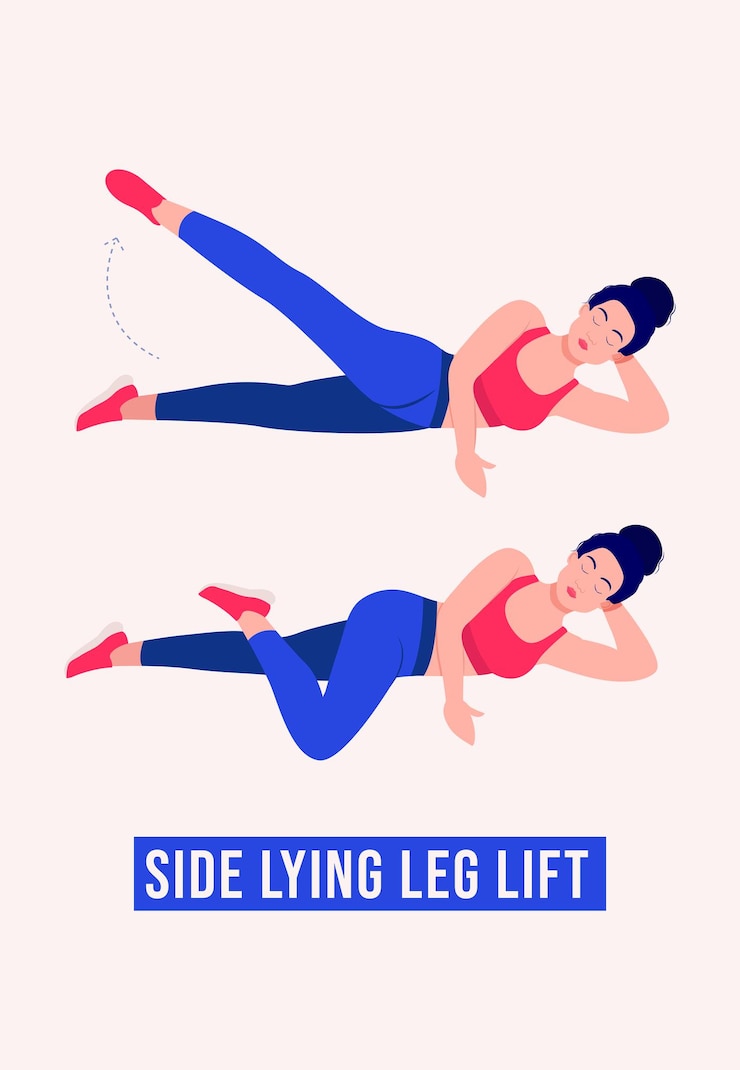 Vector ejercicio de levantamiento de piernas acostado de lado mujer entrenamiento fitness aeróbicos y ejercicios