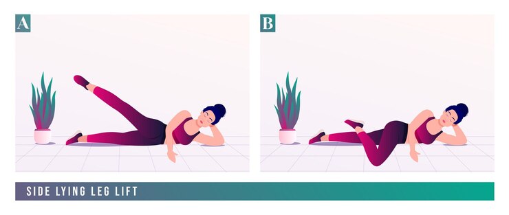 Vector ejercicio de levantamiento de piernas tumbado de lado mujer entrenamiento fitness aeróbico y ejercicios