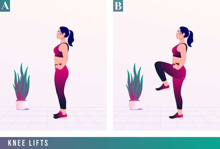 Vector ejercicio de levantamiento de rodilla mujer entrenamiento fitness aeróbico y ejercicios
