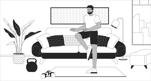 Ejercicio de levantamiento de rodillas en la sala de estar ilustración de línea negra y blanca