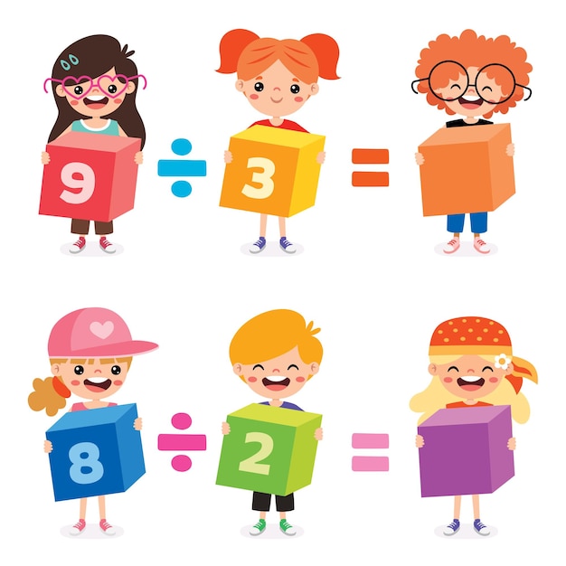 Ejercicio matemático con niños sosteniendo cubos
